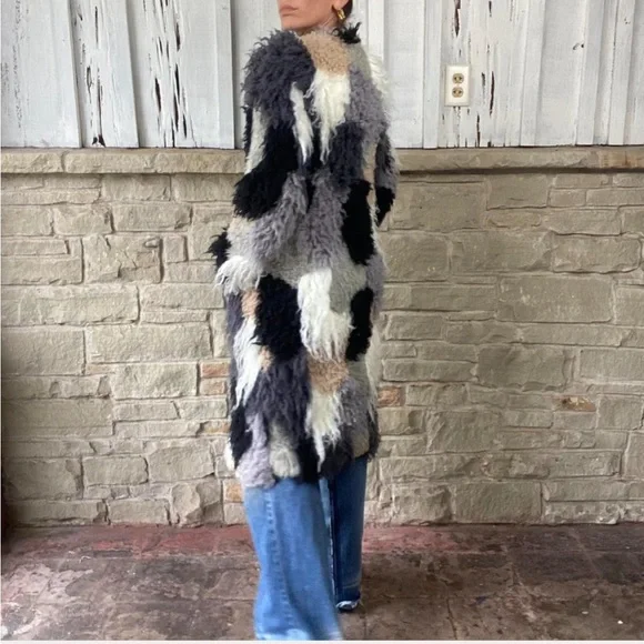 Multicolor patchwork shaggy faux fur coat shearling duster jacket - Picture 5 of 6